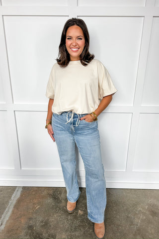 Simple Crew Neck Drawstring Boxy Tee in Cream