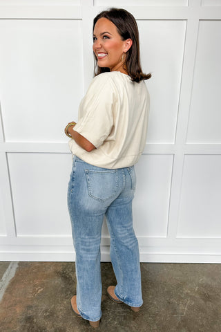 Simple Crew Neck Drawstring Boxy Tee in Cream