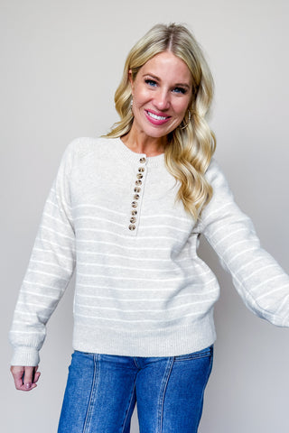 Half Button Down Beige & Cream Striped Knit Sweater