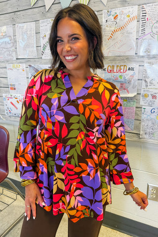 Dear Scarlett Liz Bell Printed Top in Chocolate Multi Botanical
