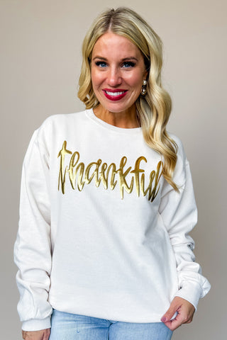 Thankful Puff Gold White Pullover Sweatshirt