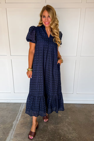 The Meredith Eyelet Midi Dress in Navy