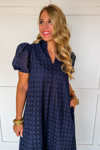 The Meredith Eyelet Midi Dress in Navy