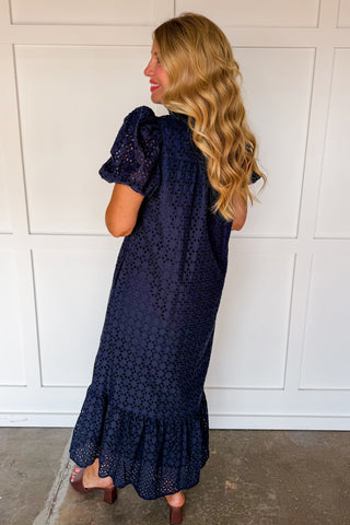 The Meredith Eyelet Midi Dress in Navy