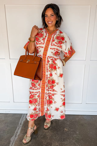 Sunset Rose Button Front Midi Dress