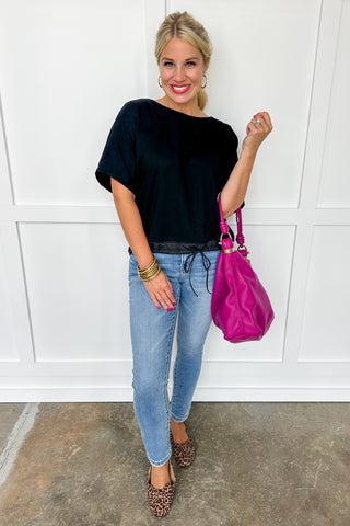 Simple Crew Neck Drawstring Boxy Tee in Black