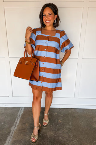 The Beverly Hills Striped Dress in Caramel & Blue