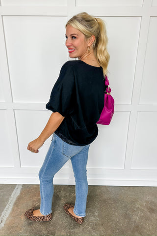 Simple Crew Neck Drawstring Boxy Tee in Black