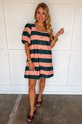 The Beverly Hills Striped Dress in Pine Green & Mauve Pink