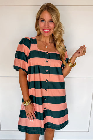 The Beverly Hills Striped Dress in Pine Green & Mauve Pink