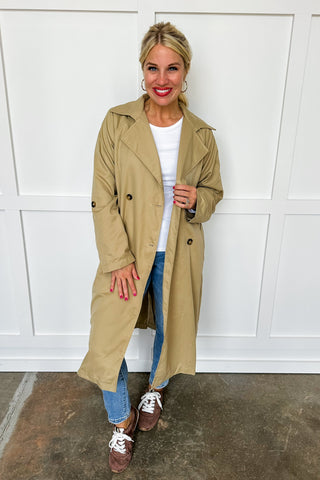 Khaki Wooden Button Tie Waist Double Button Long Trench Coat