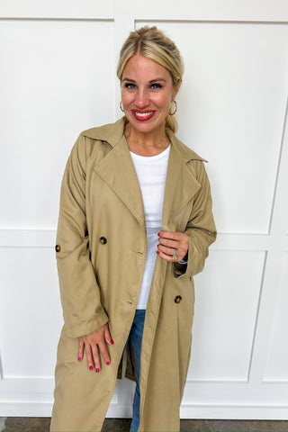 Khaki Wooden Button Tie Waist Double Button Long Trench Coat