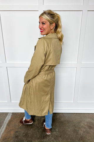 Khaki Wooden Button Tie Waist Double Button Long Trench Coat