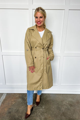 Khaki Wooden Button Tie Waist Double Button Long Trench Coat