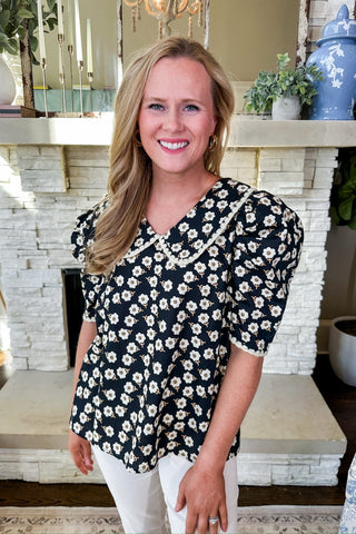 Embroidered Trim Peter Pan Collar Retro Floral Black Top