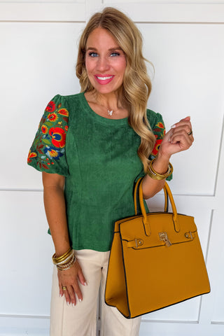 The Aspen Suede Embroidered Floral Top