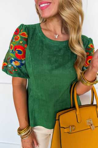 The Aspen Suede Embroidered Floral Top