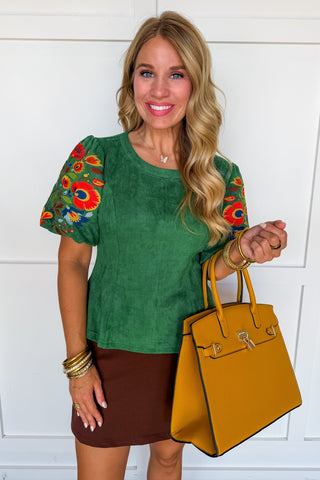 The Aspen Suede Embroidered Floral Top