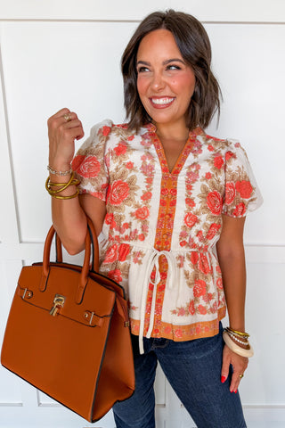 Sunset Rose Button Front Peplum Top