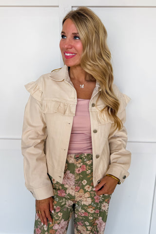 Sweet Talk Ruffle Cream Denim Jacket