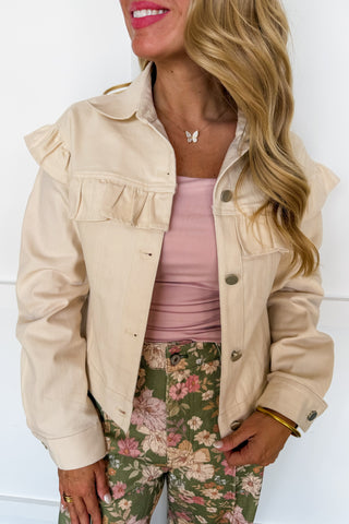 Sweet Talk Ruffle Cream Denim Jacket
