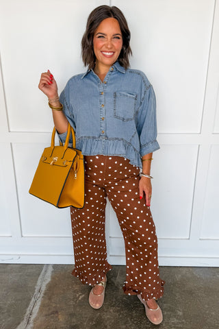 Polished Dot Ruffle Pants in Chocolate