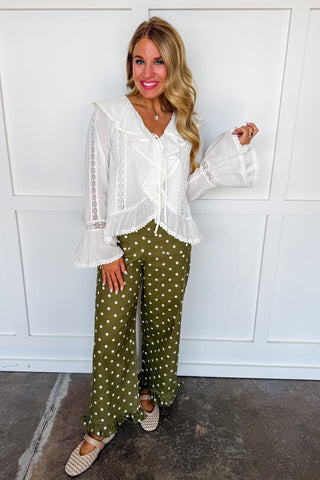 Polished Dot Ruffle Pants in Olive