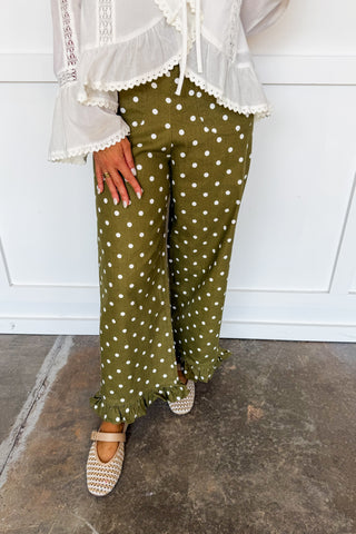 Polished Dot Ruffle Pants in Olive