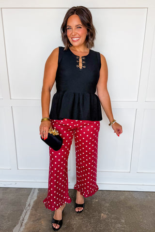 Polished Dot Ruffle Pants in Wine