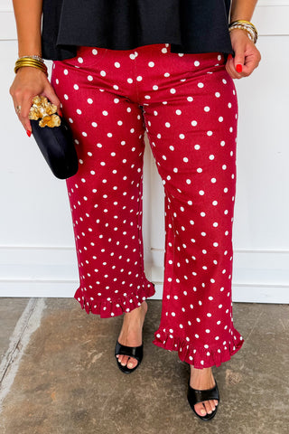 Polished Dot Ruffle Pants in Wine