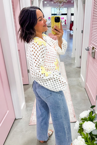 Oopsie Daisy Tie Front Crochet Cardigan in Ivory