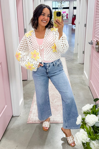 Oopsie Daisy Tie Front Crochet Cardigan in Ivory