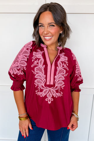 The Laurel Burgundy Embroidered Top