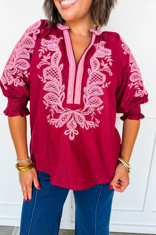 The Laurel Burgundy Embroidered Top