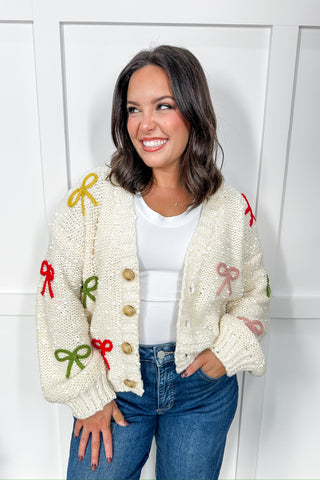 Coquette Colorful Bow Cream Cardigan
