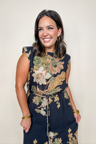 Radiance Ready Belted Midi Dress in Black Floral