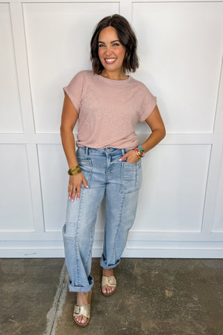 Polished Staple Cuff Sleeve Tee in Dusty Rose