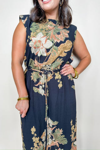 Radiance Ready Belted Midi Dress in Black Floral