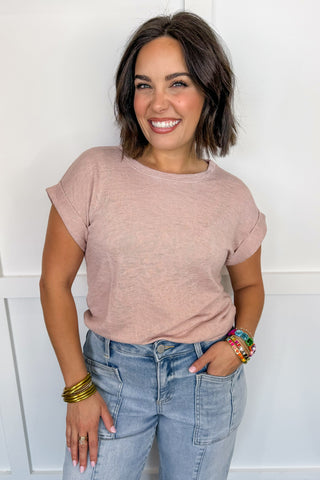 Polished Staple Cuff Sleeve Tee in Dusty Rose
