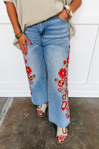 The Callie Embroidered Floral Wide Leg Jeans
