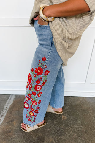 The Callie Embroidered Floral Wide Leg Jeans