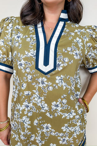 Olive Green & Navy Floral Short Dress