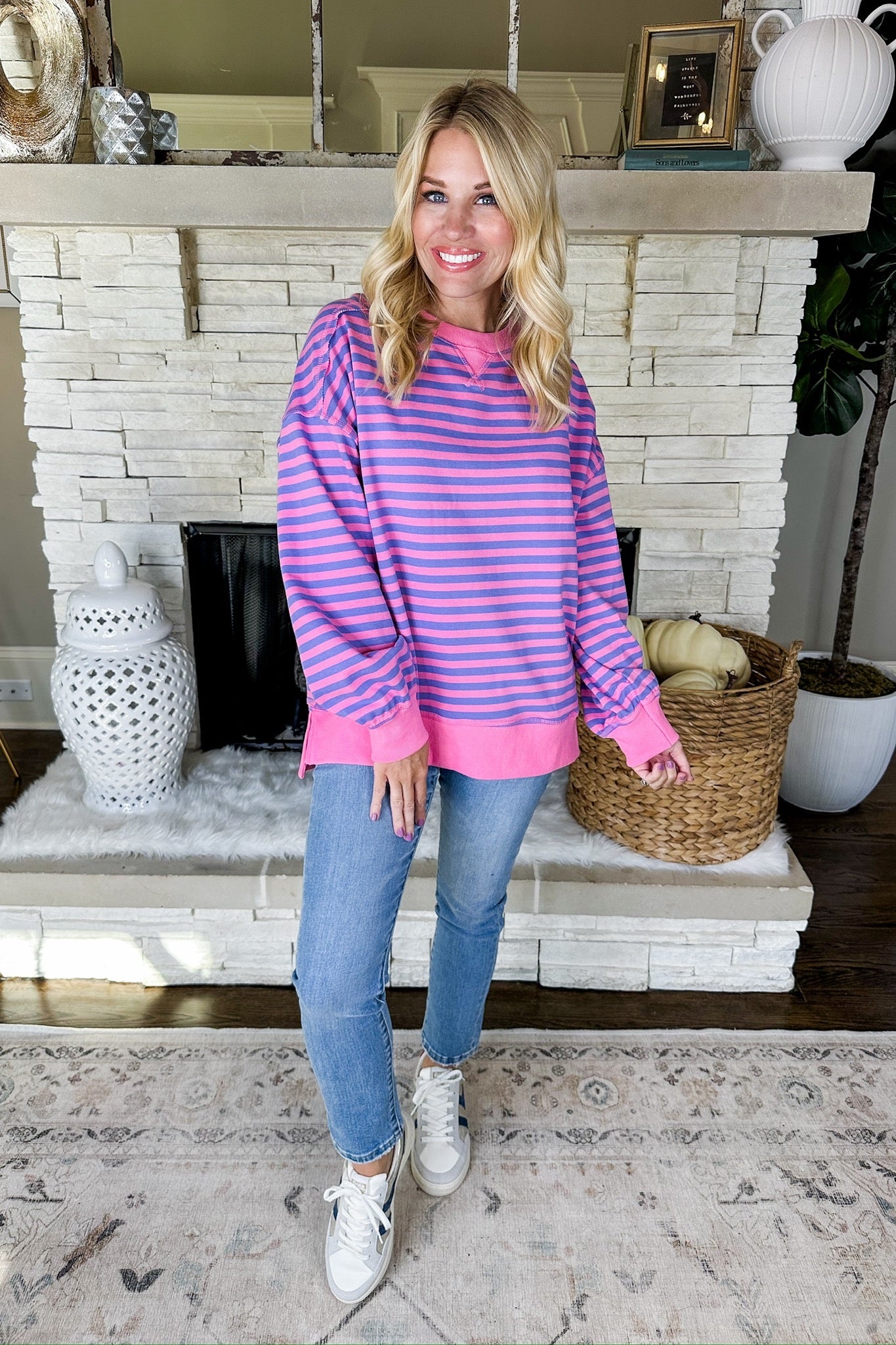 Designer Lookalike Oversized Striped Pullover in Pink/Lavender