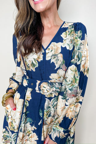 Meadow Glow Navy Blue Floral Midi Dress