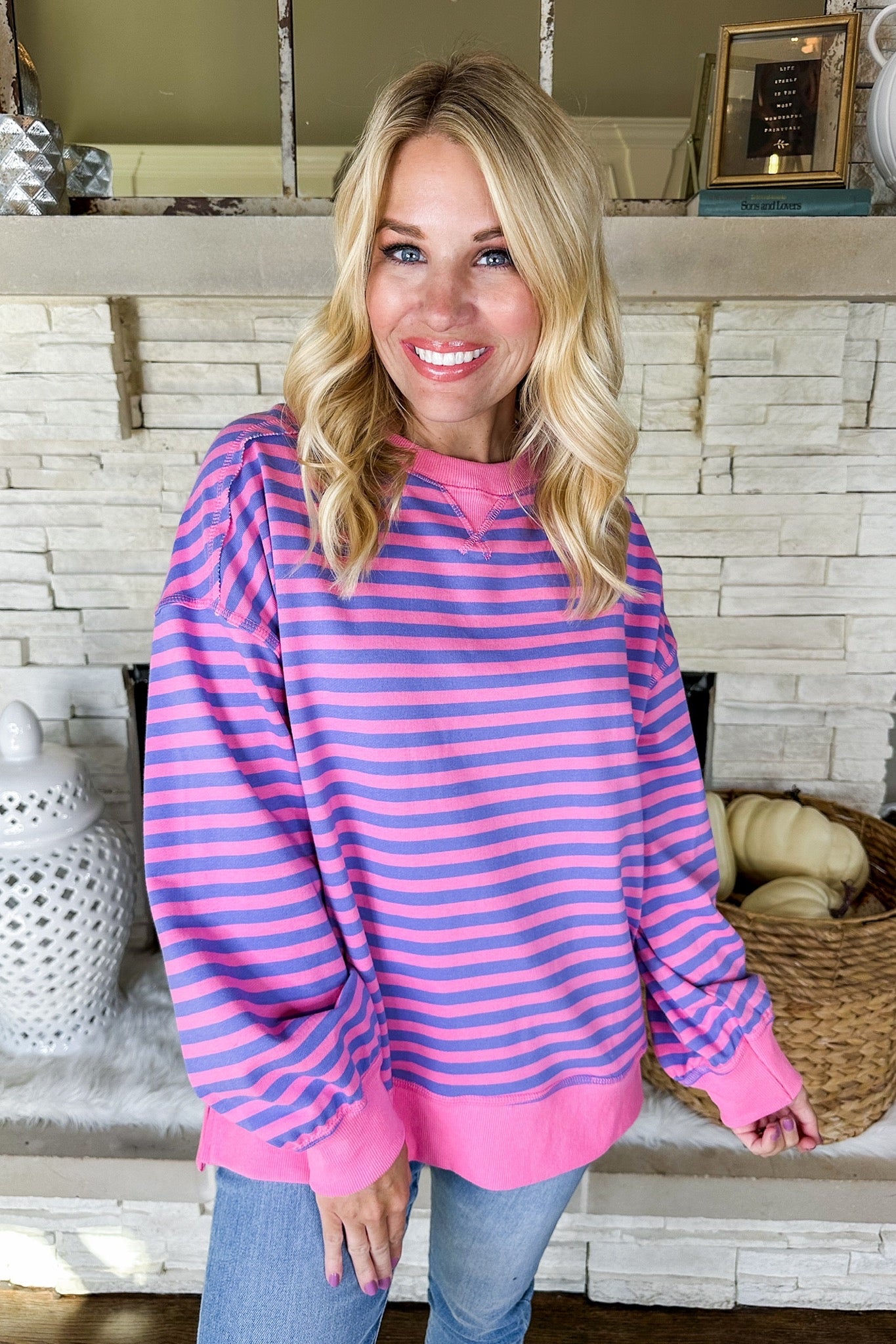 Designer Lookalike Oversized Striped Pullover in Pink/Lavender