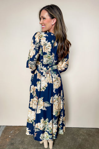 Meadow Glow Navy Blue Floral Midi Dress