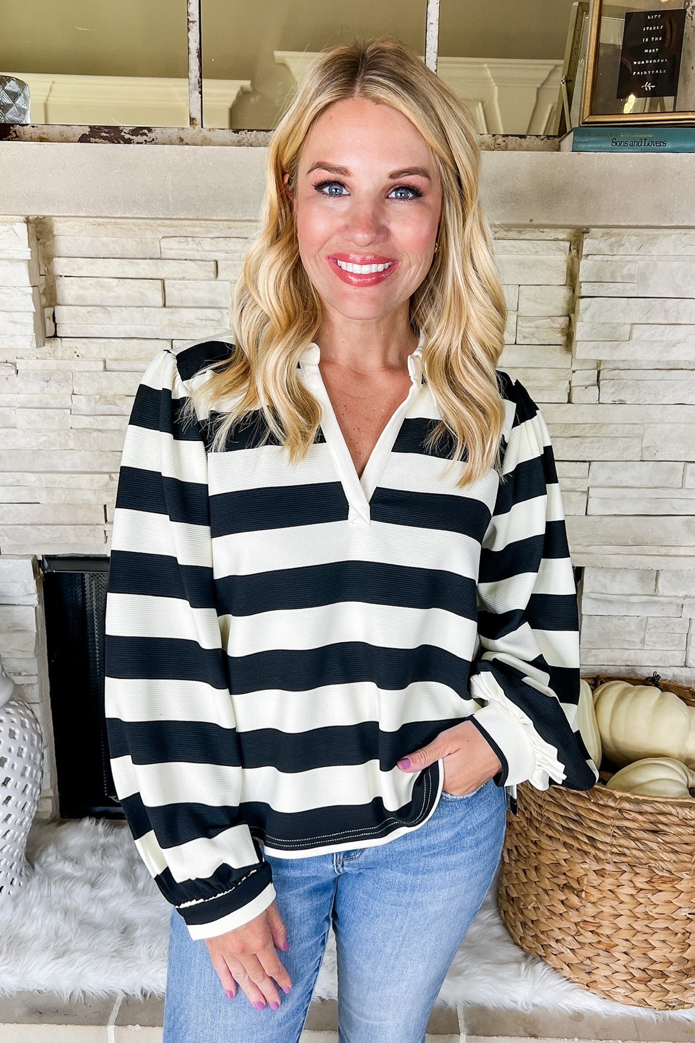 Collared Notch Neck Striped Puff Sleeve Top in Black