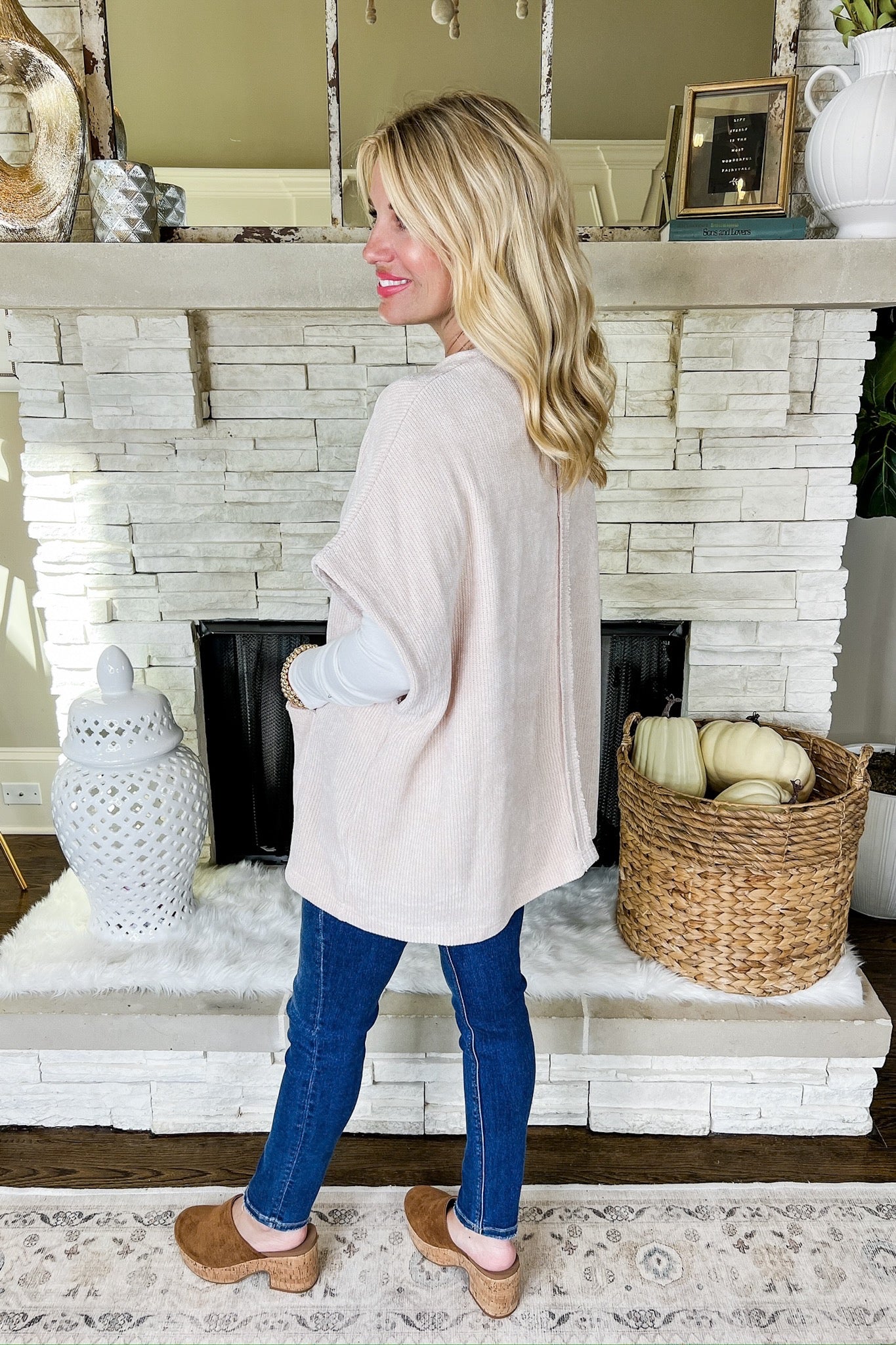 Soft Cream Velour Pocketed Short Sleeve Poncho Cardigan