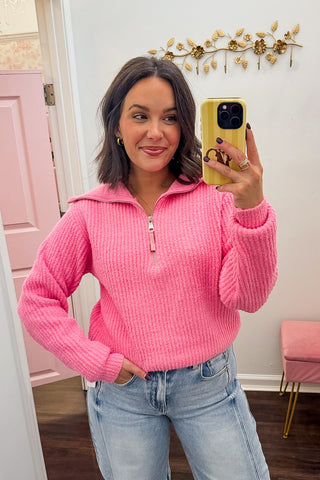 The Weekend Plush Half Zip Sweater in Bubblegum