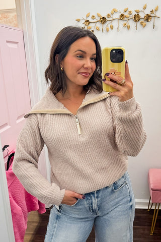 The Weekend Plush Half Zip Sweater in Almond